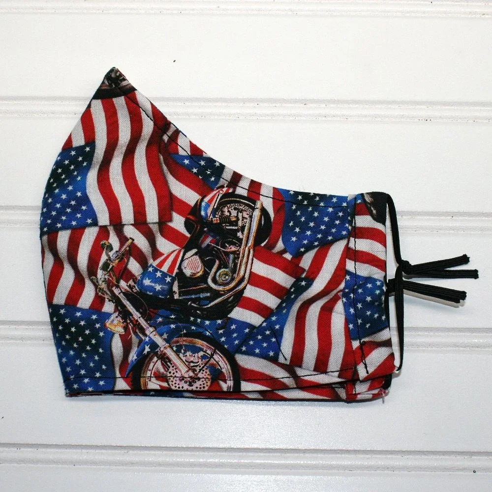 HAND CRAFTED Face Mask Biker American Flag Adult Cloth Fabric Print - Shield